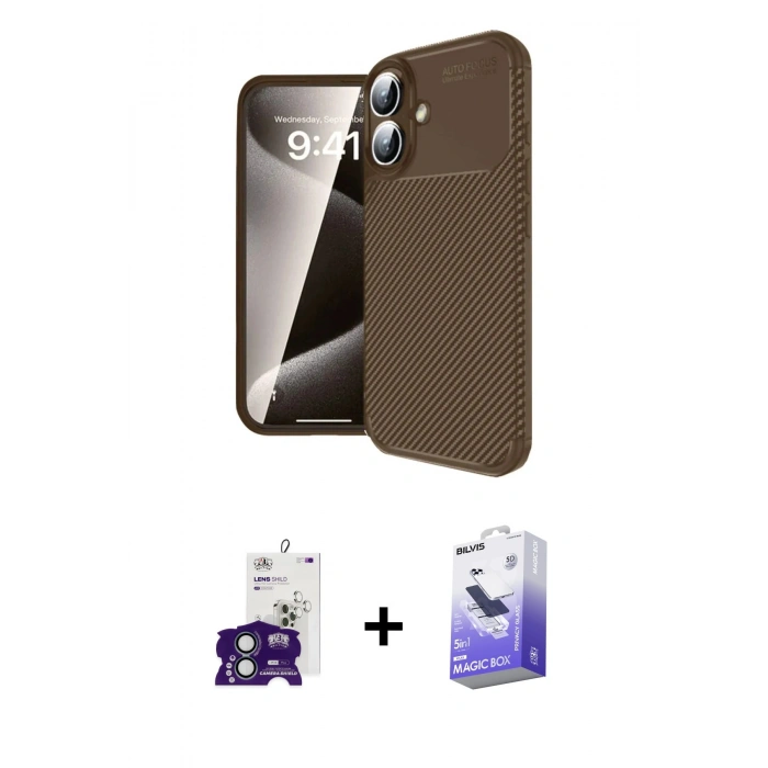 MARSİLYAN™- iPhone 16 Kılıf Eksen Form Prime - Siyah Bilvis 5in1 5D Magic Hayalet Cam Ekran Koruyucu + Bilvis Titan Kamera Lens - YL