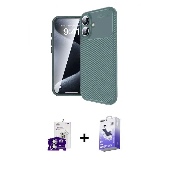 MARSİLYAN™- iPhone 16 Kılıf Eksen Form Prime - Siyah Bilvis 5in1 5D Magic Hayalet Cam Ekran Koruyucu + Gümüş Bilvis Titan Kamera Lens