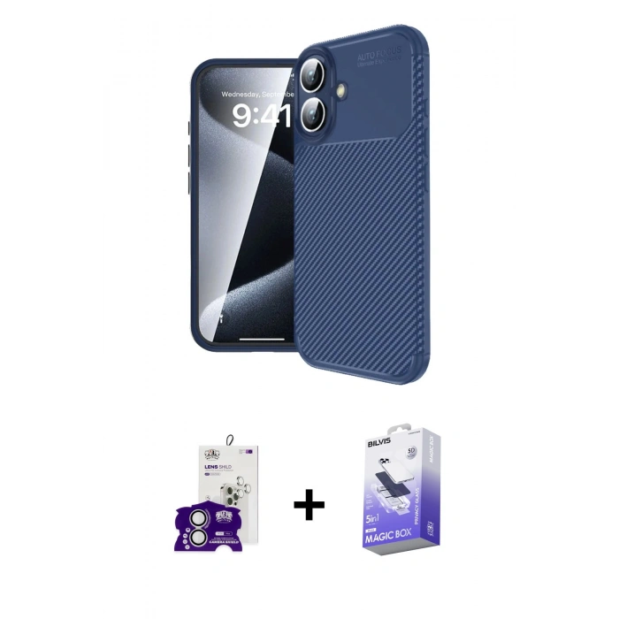MARSİLYAN™- iPhone 16 Kılıf Eksen Form Prime - Siyah Bilvis 5in1 5D Magic Hayalet Cam Ekran Koruyucu + Gümüş Bilvis Titan Kamera Lens
