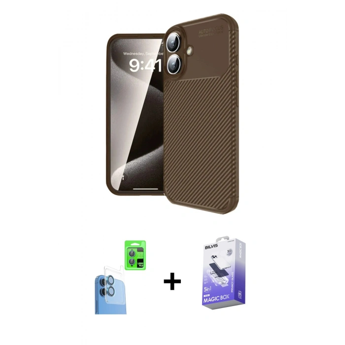 MARSİLYAN™- iPhone 16 Kılıf Eksen Form Prime - Siyah Bilvis 5in1 5D Magic Hayalet Cam Ekran Koruyucu + Raze Metal Kamera Lens - LT