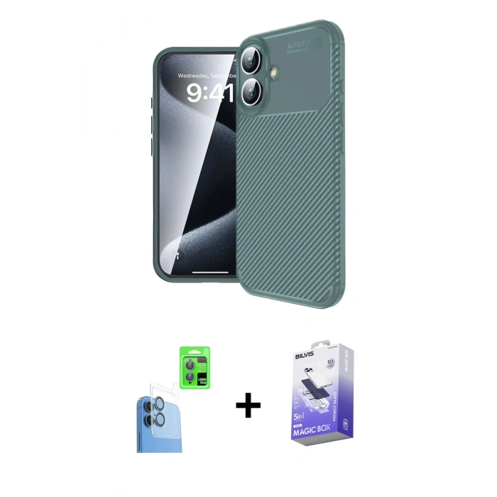 MARSİLYAN™- iPhone 16 Kılıf Eksen Form Prime - Siyah Bilvis 5in1 5D Magic Hayalet Cam Ekran Koruyucu + Raze Metal Kamera Lens - LT
