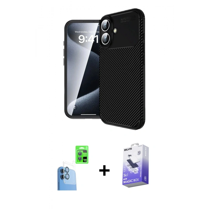 MARSİLYAN™- iPhone 16 Kılıf Eksen Form Prime - Siyah Bilvis 5in1 5D Magic Hayalet Cam Ekran Koruyucu + Raze Metal Kamera Lens - LT