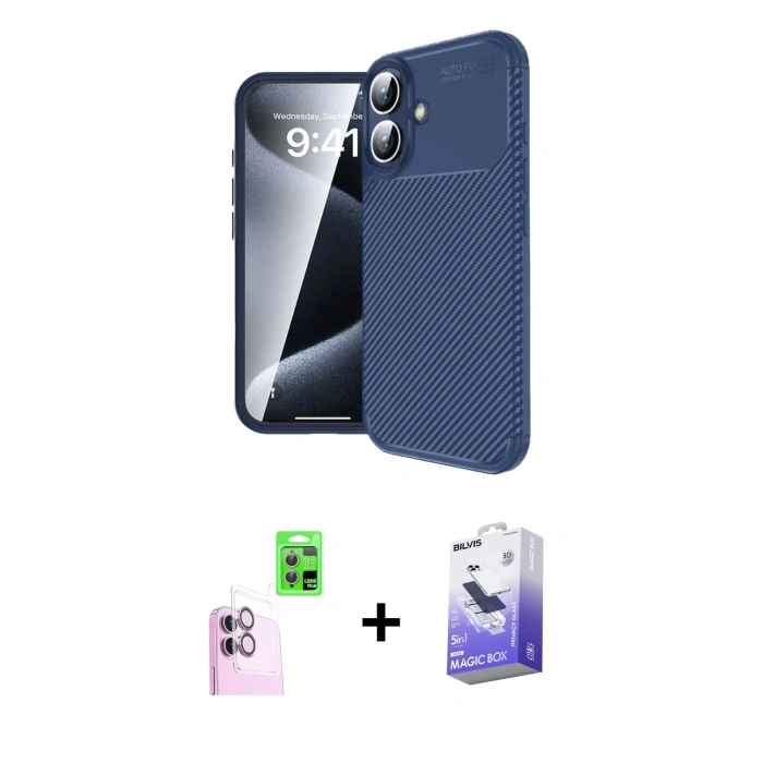 MARSİLYAN™- iPhone 16 Kılıf Eksen Form Prime - Siyah Bilvis 5in1 5D Magic Hayalet Cam Ekran Koruyucu + Pembe Raze Metal Kamera Lens