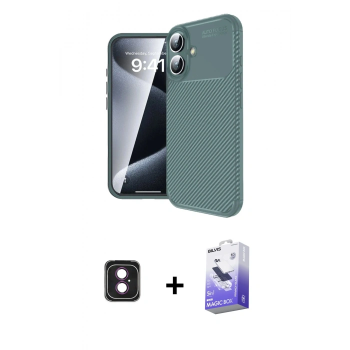 MARSİLYAN™- iPhone 16 Kılıf Eksen Form Prime - Siyah Bilvis 5in1 5D Magic Hayalet Cam Ekran Koruyucu + PVD Metal Kamera Lens - PE