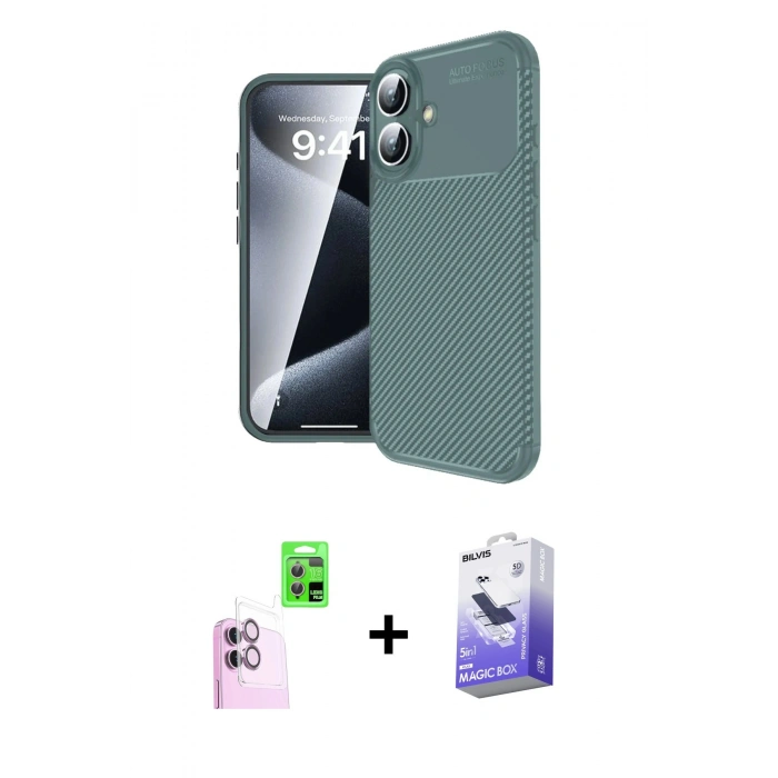 MARSİLYAN™- iPhone 16 Kılıf Eksen Form Prime - Siyah Bilvis 5in1 5D Magic Hayalet Cam Ekran Koruyucu + Pembe Raze Metal Kamera Lens