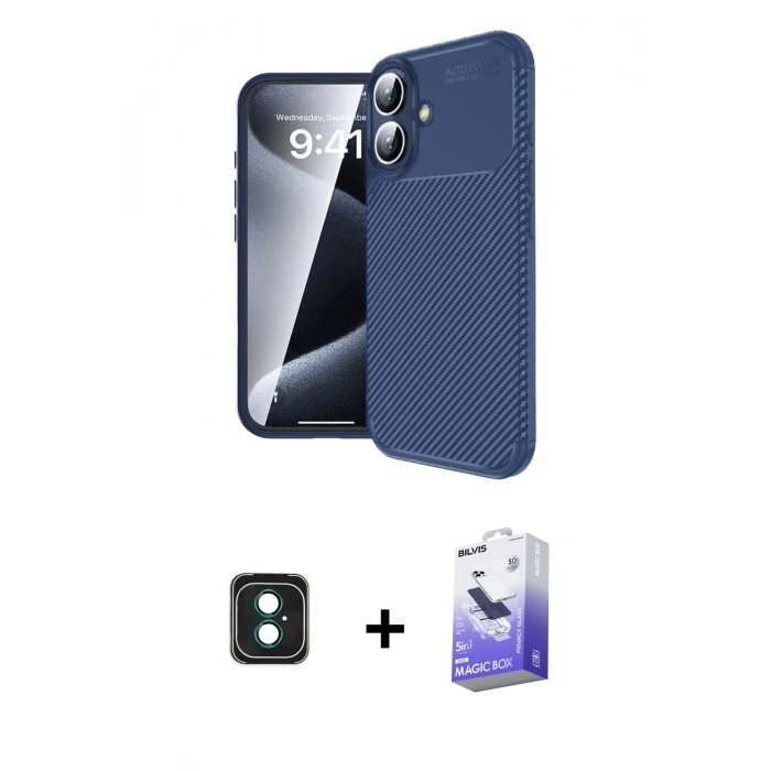 MARSİLYAN™- iPhone 16 Kılıf Eksen Form Prime - Siyah Bilvis 5in1 5D Magic Hayalet Cam Ekran Koruyucu + PVD Metal Kamera Lens - YL