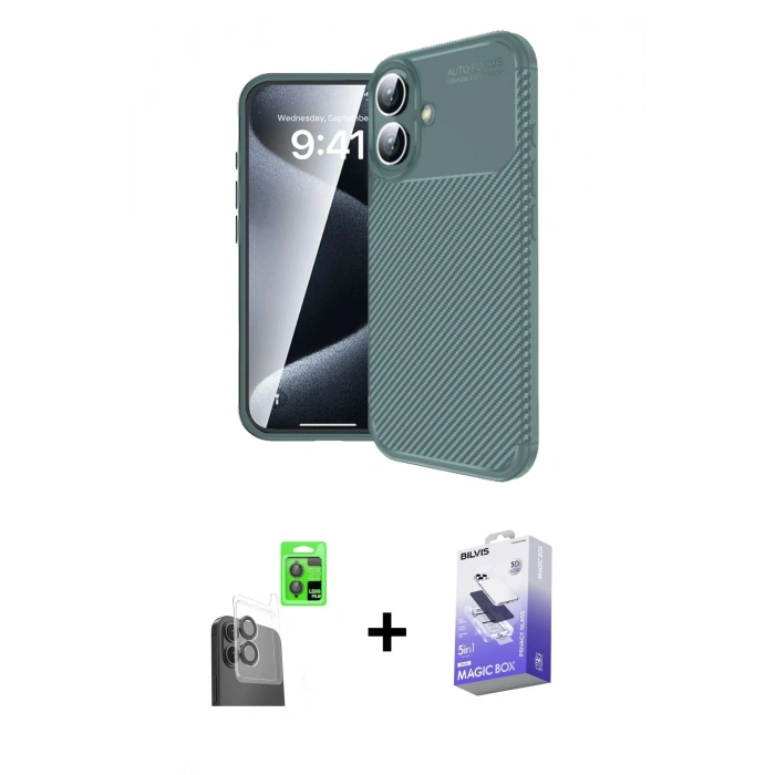 MARSİLYAN™- iPhone 16 Kılıf Eksen Form Prime - Siyah Bilvis 5in1 5D Magic Hayalet Cam Ekran Koruyucu + Raze Metal Kamera Lens - SH