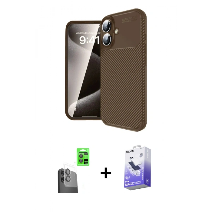 MARSİLYAN™- iPhone 16 Kılıf Eksen Form Prime - Siyah Bilvis 5in1 5D Magic Hayalet Cam Ekran Koruyucu + Raze Metal Kamera Lens - SH