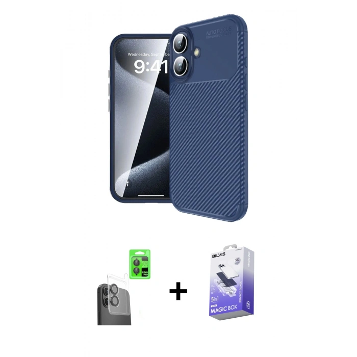 MARSİLYAN™- iPhone 16 Kılıf Eksen Form Prime - Siyah Bilvis 5in1 5D Magic Hayalet Cam Ekran Koruyucu + Raze Metal Kamera Lens - SH
