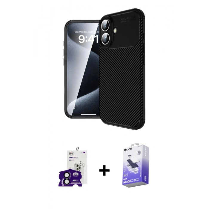 MARSİLYAN™- iPhone 16 Kılıf Eksen Form Prime - Siyah Bilvis 5in1 5D Magic Hayalet Cam Ekran Koruyucu + Bilvis Titan Kamera Lens - SH