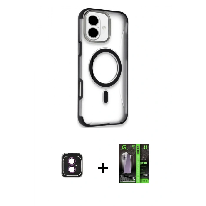 MARSİLYAN™- iPhone 16 Kılıf Eksen Klasik Koleksiyonu - Şeffaf 360 Full Body Arka Koruyucu + PVD Metal Kamera Lens - PE