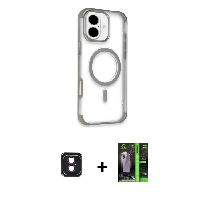 MARSİLYAN™- iPhone 16 Kılıf Eksen Klasik Koleksiyonu - Şeffaf 360 Full Body Arka Koruyucu + PVD Metal Kamera Lens - PE