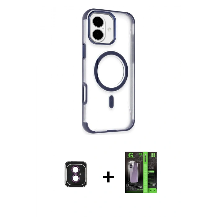 MARSİLYAN™- iPhone 16 Kılıf Eksen Klasik Koleksiyonu - Şeffaf 360 Full Body Arka Koruyucu + PVD Metal Kamera Lens - PE