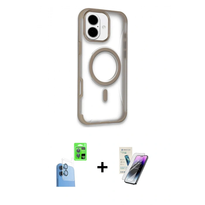 MARSİLYAN™- iPhone 16 Kılıf Eksen Klasik Koleksiyonu - Şeffaf Pasifik Cam Ekran Koruyucu + Raze Metal Kamera Lens - LT