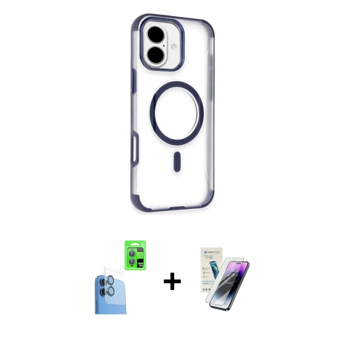 MARSİLYAN™- iPhone 16 Kılıf Eksen Klasik Koleksiyonu - Şeffaf Pasifik Cam Ekran Koruyucu + Raze Metal Kamera Lens - LT