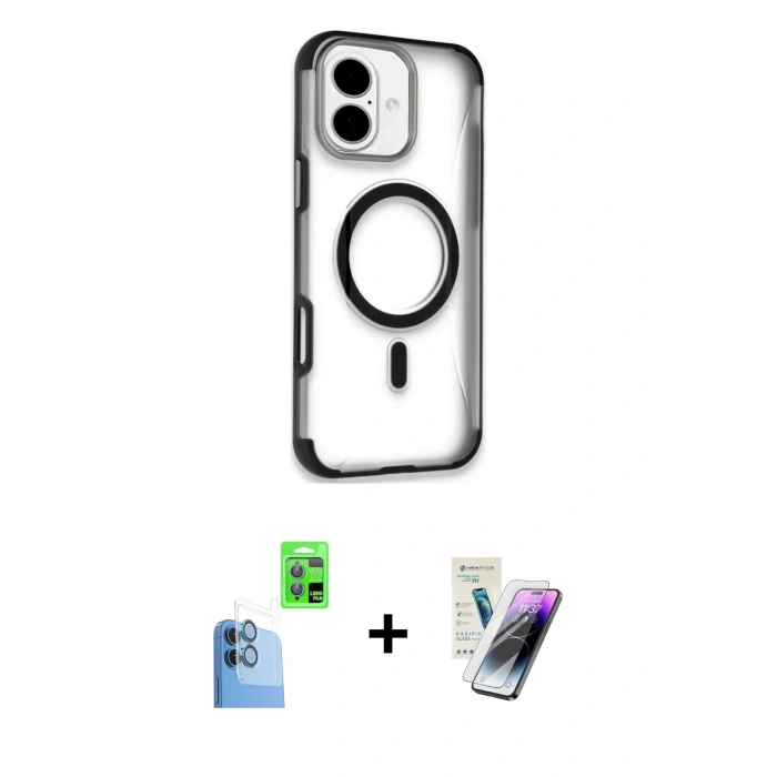 MARSİLYAN™- iPhone 16 Kılıf Eksen Klasik Koleksiyonu - Şeffaf Pasifik Cam Ekran Koruyucu + Raze Metal Kamera Lens - LT