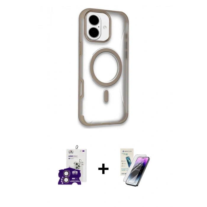 MARSİLYAN™- iPhone 16 Kılıf Eksen Klasik Koleksiyonu - Şeffaf Pasifik Cam Ekran Koruyucu + Bilvis Titan Kamera Lens - PE