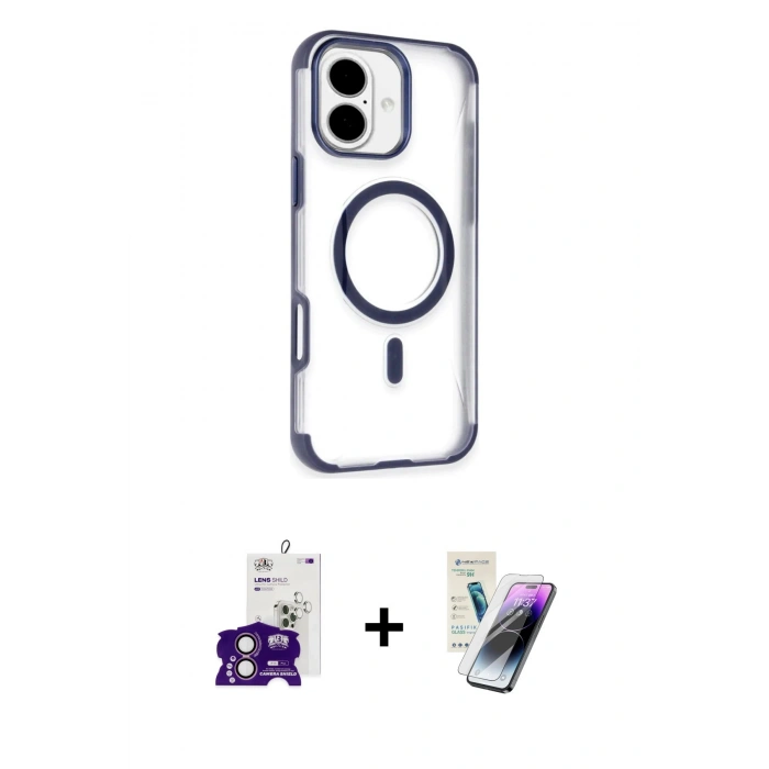 MARSİLYAN™- iPhone 16 Kılıf Eksen Klasik Koleksiyonu - Şeffaf Pasifik Cam Ekran Koruyucu + Bilvis Titan Kamera Lens - PE