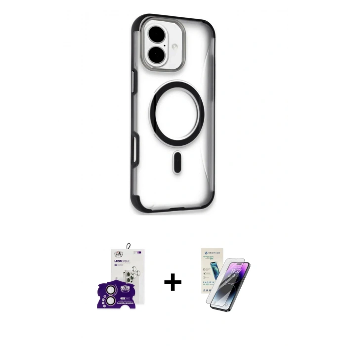 MARSİLYAN™- iPhone 16 Kılıf Eksen Klasik Koleksiyonu - Şeffaf Pasifik Cam Ekran Koruyucu + Bilvis Titan Kamera Lens - PE