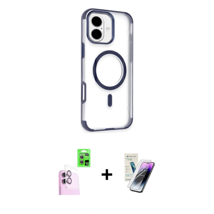 MARSİLYAN™- iPhone 16 Kılıf Eksen Klasik Koleksiyonu - Şeffaf Pasifik Cam Ekran Koruyucu + Raze Metal Kamera Lens - PE