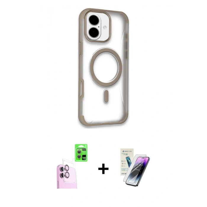 MARSİLYAN™- iPhone 16 Kılıf Eksen Klasik Koleksiyonu - Şeffaf Pasifik Cam Ekran Koruyucu + Raze Metal Kamera Lens - PE