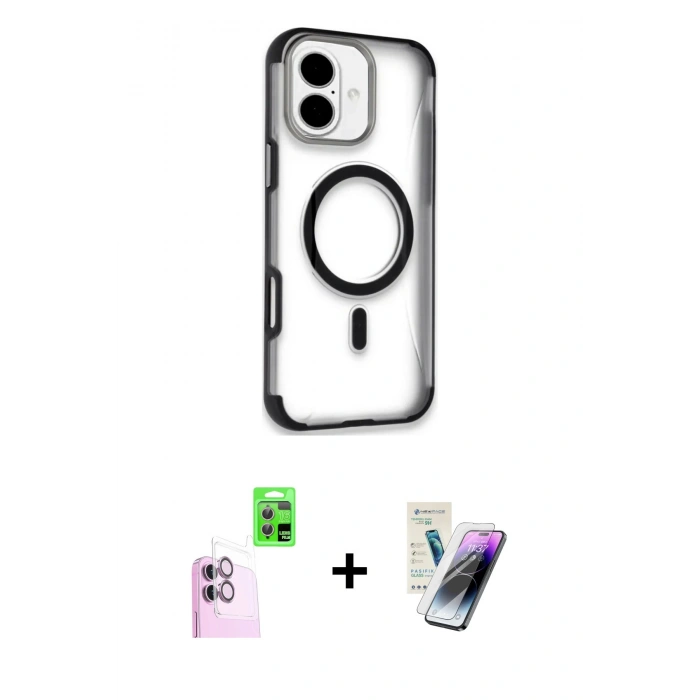 MARSİLYAN™- iPhone 16 Kılıf Eksen Klasik Koleksiyonu - Şeffaf Pasifik Cam Ekran Koruyucu + Raze Metal Kamera Lens - PE