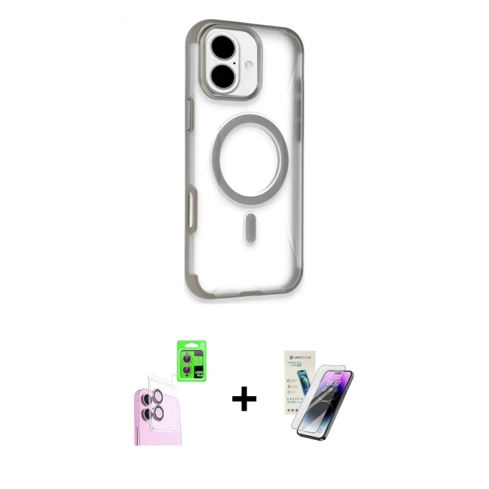 MARSİLYAN™- iPhone 16 Kılıf Eksen Klasik Koleksiyonu - Şeffaf Pasifik Cam Ekran Koruyucu + Raze Metal Kamera Lens - PE