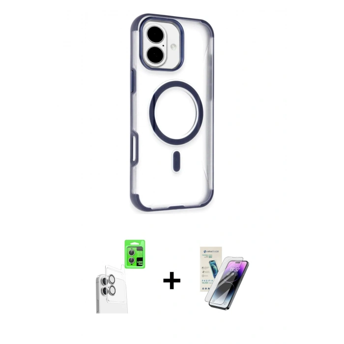 MARSİLYAN™- iPhone 16 Kılıf Eksen Klasik Koleksiyonu - Şeffaf Pasifik Cam Ekran Koruyucu + Raze Metal Kamera Lens - BZ