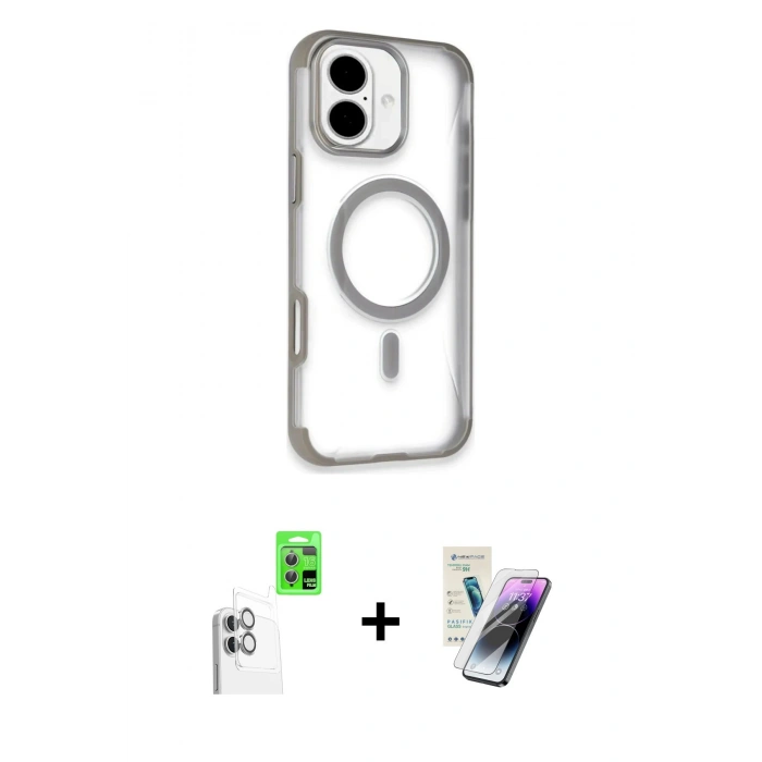 MARSİLYAN™- iPhone 16 Kılıf Eksen Klasik Koleksiyonu - Şeffaf Pasifik Cam Ekran Koruyucu + Raze Metal Kamera Lens - BZ