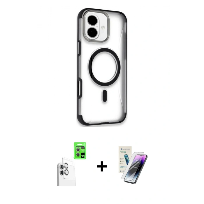 MARSİLYAN™- iPhone 16 Kılıf Eksen Klasik Koleksiyonu - Şeffaf Pasifik Cam Ekran Koruyucu + Raze Metal Kamera Lens - BZ
