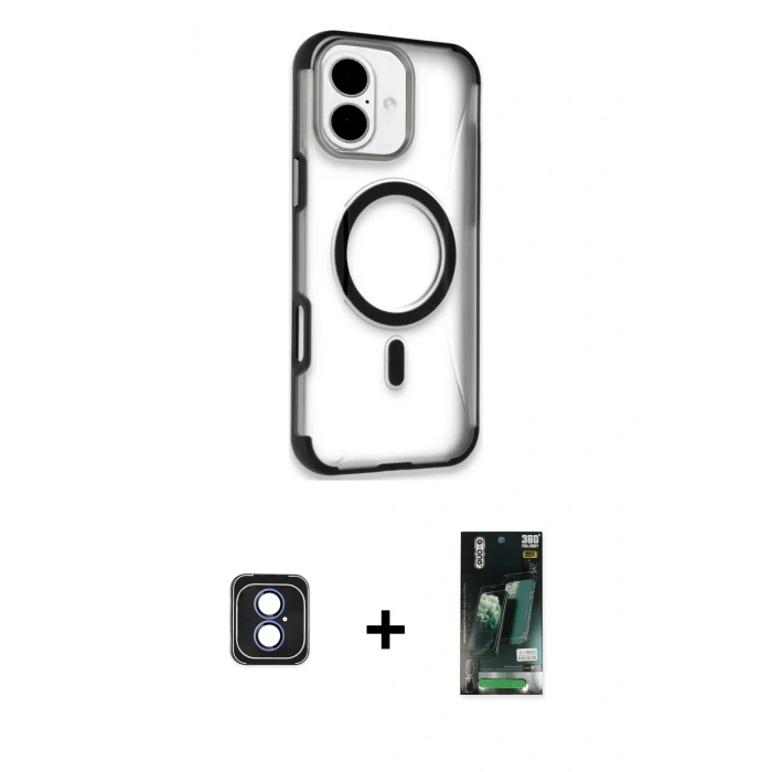 MARSİLYAN™- iPhone 16 Kılıf Eksen Klasik Koleksiyonu - Siyah 360 Mat Full Body Arka Koruyucu + PVD Metal Kamera Lens - MI
