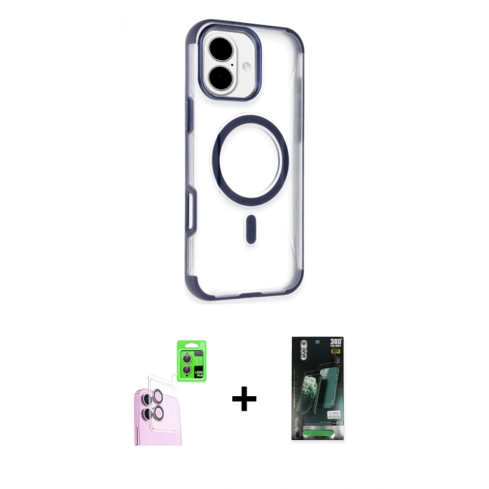 MARSİLYAN™- iPhone 16 Kılıf Eksen Klasik Koleksiyonu - Siyah 360 Mat Full Body Arka Koruyucu + Pembe Raze Metal Kamera Lens
