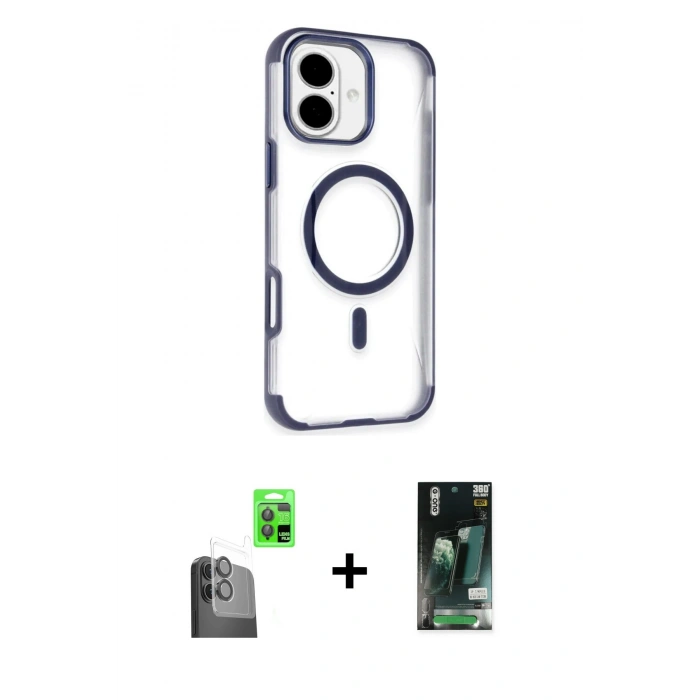 MARSİLYAN™- iPhone 16 Kılıf Eksen Klasik Koleksiyonu - Siyah 360 Mat Full Body Arka Koruyucu + Raze Metal Kamera Lens - SH
