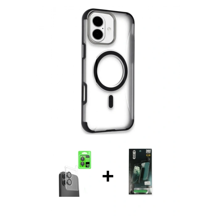 MARSİLYAN™- iPhone 16 Kılıf Eksen Klasik Koleksiyonu - Siyah 360 Mat Full Body Arka Koruyucu + Raze Metal Kamera Lens - SH