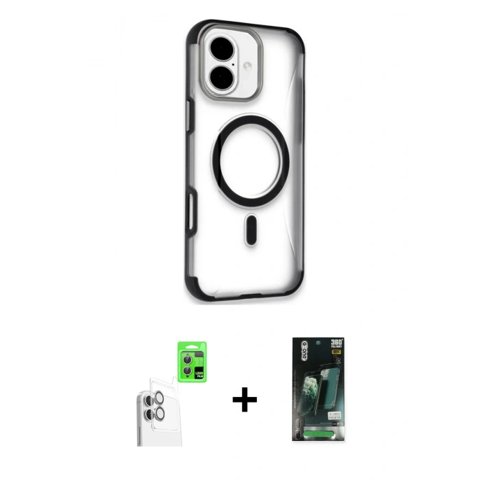 MARSİLYAN™- iPhone 16 Kılıf Eksen Klasik Koleksiyonu - Siyah 360 Mat Full Body Arka Koruyucu + Raze Metal Kamera Lens - BZ