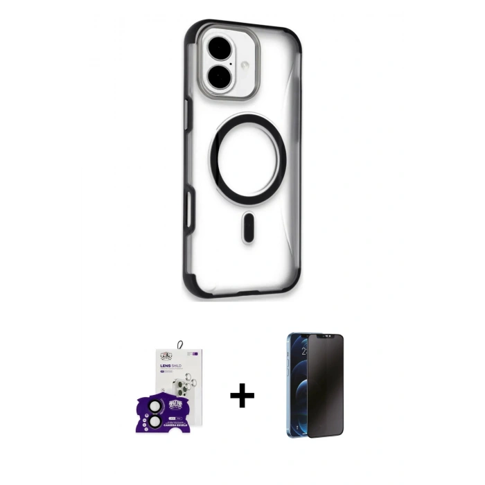 MARSİLYAN™- iPhone 16 Kılıf Eksen Klasik Koleksiyonu - Siyah 3D Antistatik Hayalet Cam Ekran Koruyucu + Bilvis Titan Kamera Lens - SH