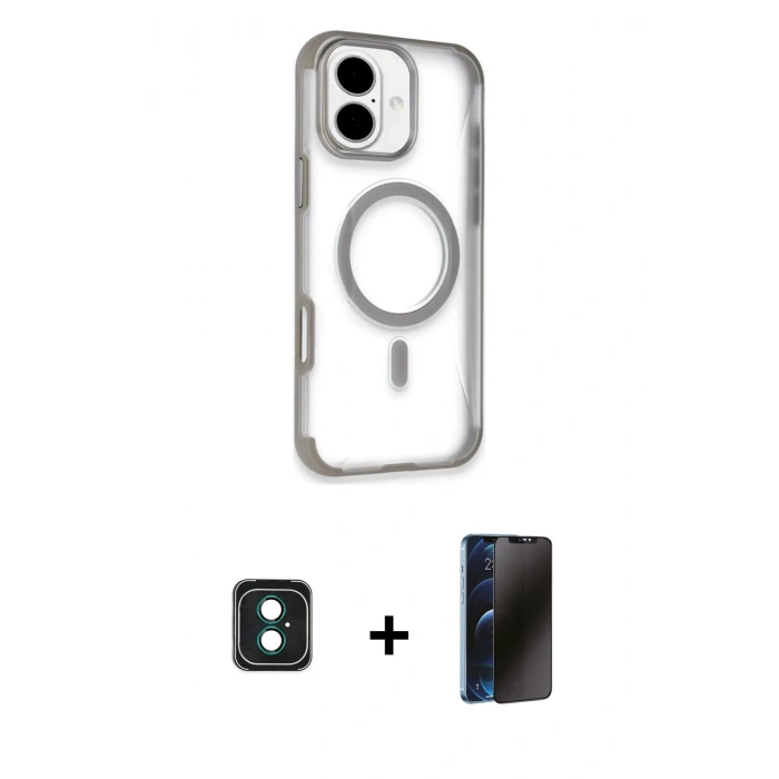 MARSİLYAN™- iPhone 16 Kılıf Eksen Klasik Koleksiyonu - Siyah 3D Antistatik Hayalet Cam Ekran Koruyucu + PVD Metal Kamera Lens - YL