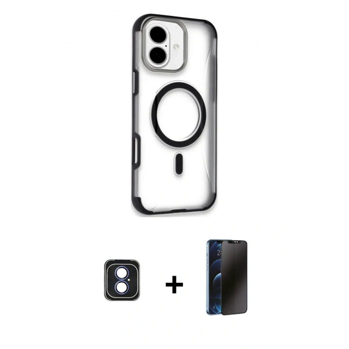 MARSİLYAN™- iPhone 16 Kılıf Eksen Klasik Koleksiyonu - Siyah 3D Antistatik Hayalet Cam Ekran Koruyucu + PVD Metal Kamera Lens - MI