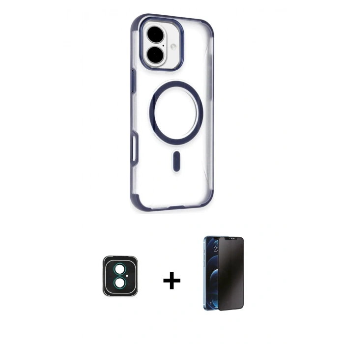 MARSİLYAN™- iPhone 16 Kılıf Eksen Klasik Koleksiyonu - Siyah 3D Antistatik Hayalet Cam Ekran Koruyucu + PVD Metal Kamera Lens - YL