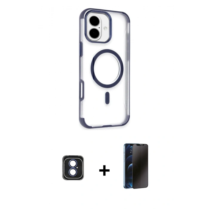 MARSİLYAN™- iPhone 16 Kılıf Eksen Klasik Koleksiyonu - Siyah 3D Antistatik Hayalet Cam Ekran Koruyucu + PVD Metal Kamera Lens - MI