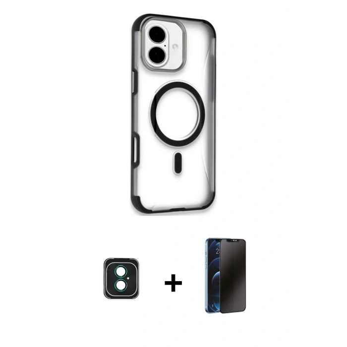 MARSİLYAN™- iPhone 16 Kılıf Eksen Klasik Koleksiyonu - Siyah 3D Antistatik Hayalet Cam Ekran Koruyucu + PVD Metal Kamera Lens - YL