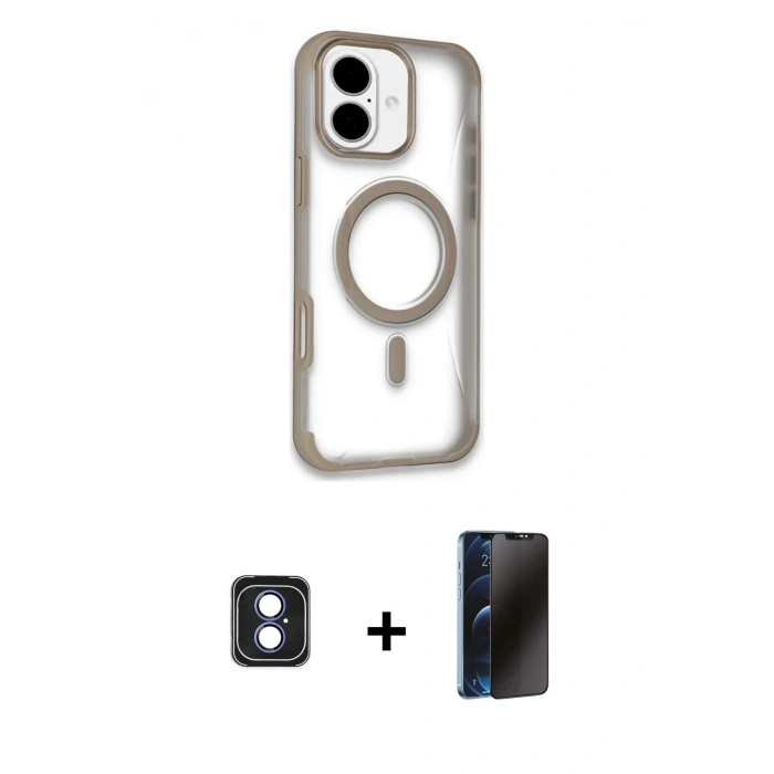 MARSİLYAN™- iPhone 16 Kılıf Eksen Klasik Koleksiyonu - Siyah 3D Antistatik Hayalet Cam Ekran Koruyucu + PVD Metal Kamera Lens - MI