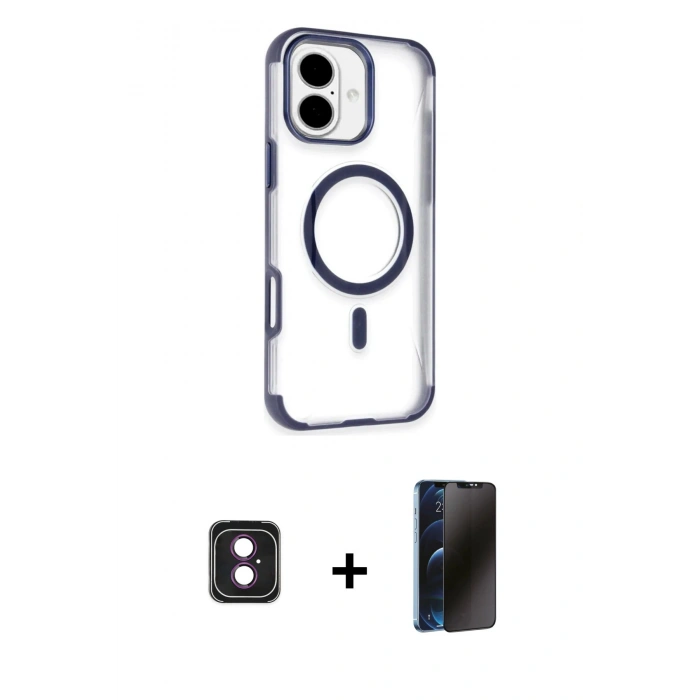 MARSİLYAN™- iPhone 16 Kılıf Eksen Klasik Koleksiyonu - Siyah 3D Antistatik Hayalet Cam Ekran Koruyucu + PVD Metal Kamera Lens - PE