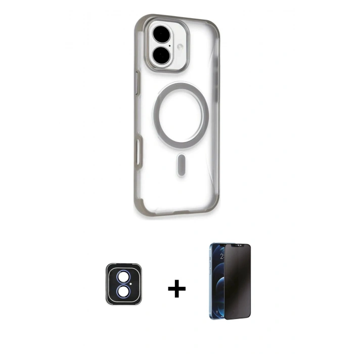 MARSİLYAN™- iPhone 16 Kılıf Eksen Klasik Koleksiyonu - Siyah 3D Antistatik Hayalet Cam Ekran Koruyucu + PVD Metal Kamera Lens - MI
