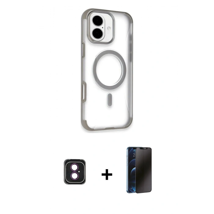 MARSİLYAN™- iPhone 16 Kılıf Eksen Klasik Koleksiyonu - Siyah 3D Antistatik Hayalet Cam Ekran Koruyucu + PVD Metal Kamera Lens - PE