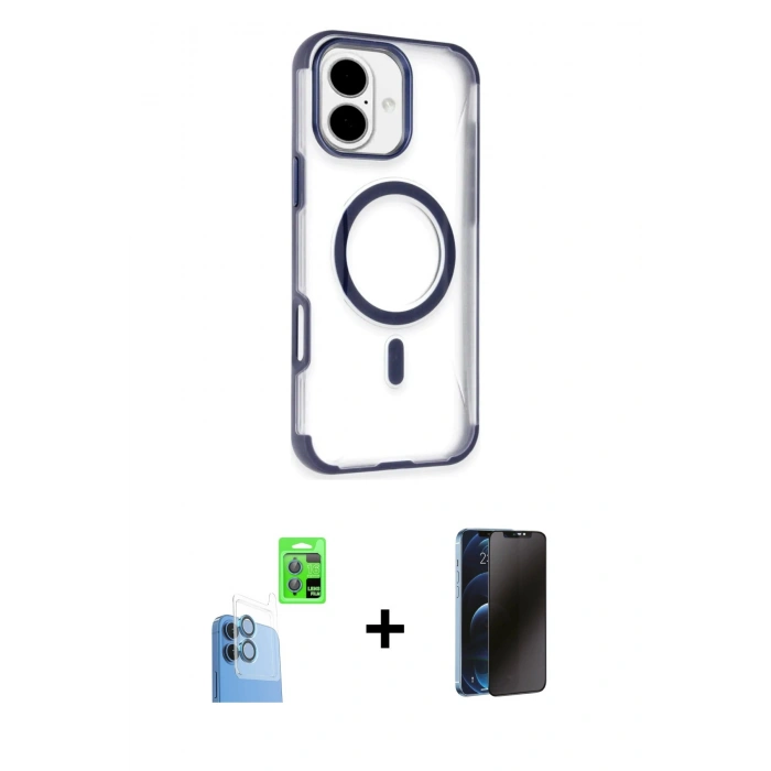 MARSİLYAN™- iPhone 16 Kılıf Eksen Klasik Koleksiyonu - Siyah 3D Antistatik Hayalet Cam Ekran Koruyucu + Raze Metal Kamera Lens - LT