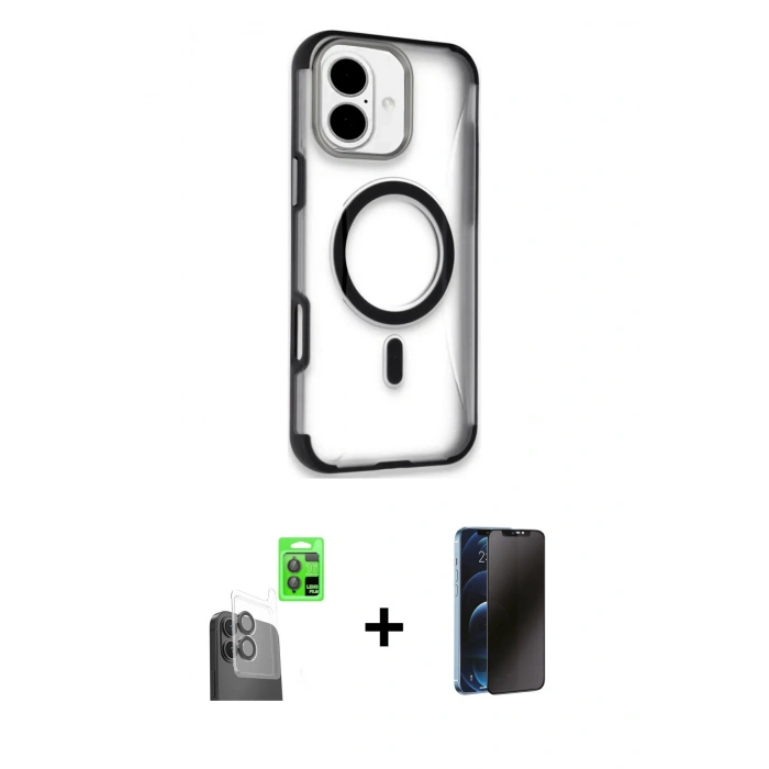 MARSİLYAN™- iPhone 16 Kılıf Eksen Klasik Koleksiyonu - Siyah 3D Antistatik Hayalet Cam Ekran Koruyucu + Raze Metal Kamera Lens - SH