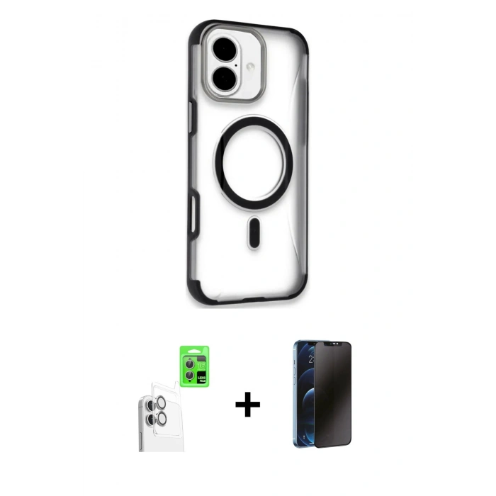 MARSİLYAN™- iPhone 16 Kılıf Eksen Klasik Koleksiyonu - Siyah 3D Antistatik Hayalet Cam Ekran Koruyucu + Raze Metal Kamera Lens - BZ