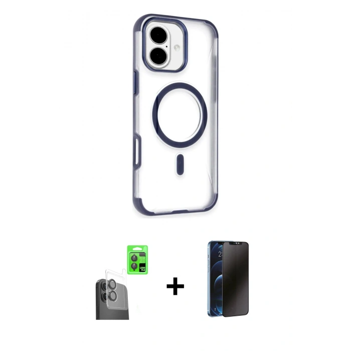 MARSİLYAN™- iPhone 16 Kılıf Eksen Klasik Koleksiyonu - Siyah 3D Antistatik Hayalet Cam Ekran Koruyucu + Raze Metal Kamera Lens - SH