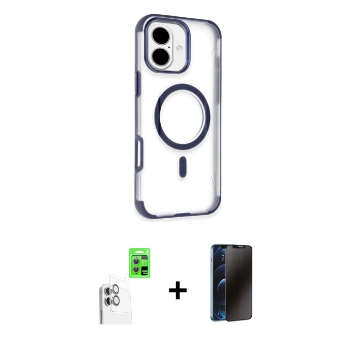 MARSİLYAN™- iPhone 16 Kılıf Eksen Klasik Koleksiyonu - Siyah 3D Antistatik Hayalet Cam Ekran Koruyucu + Raze Metal Kamera Lens - BZ